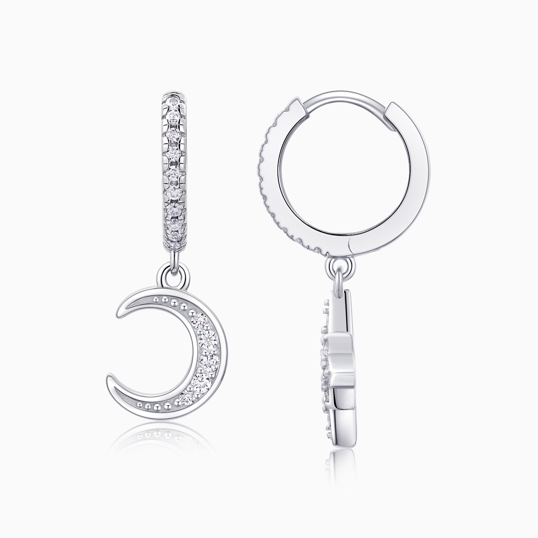 Back view: moon and star drop earrings with white gold vermeil hinged hoop