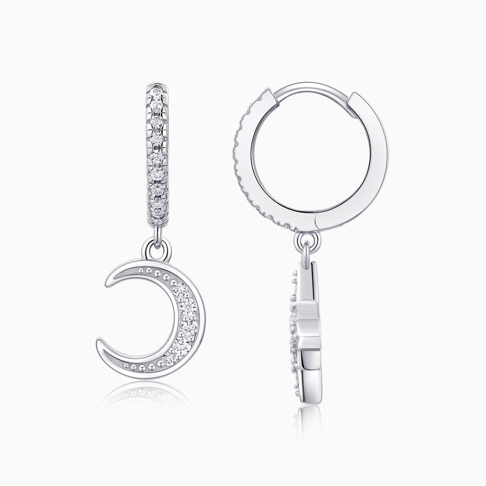 Back view: moon and star drop earrings with white gold vermeil hinged hoop