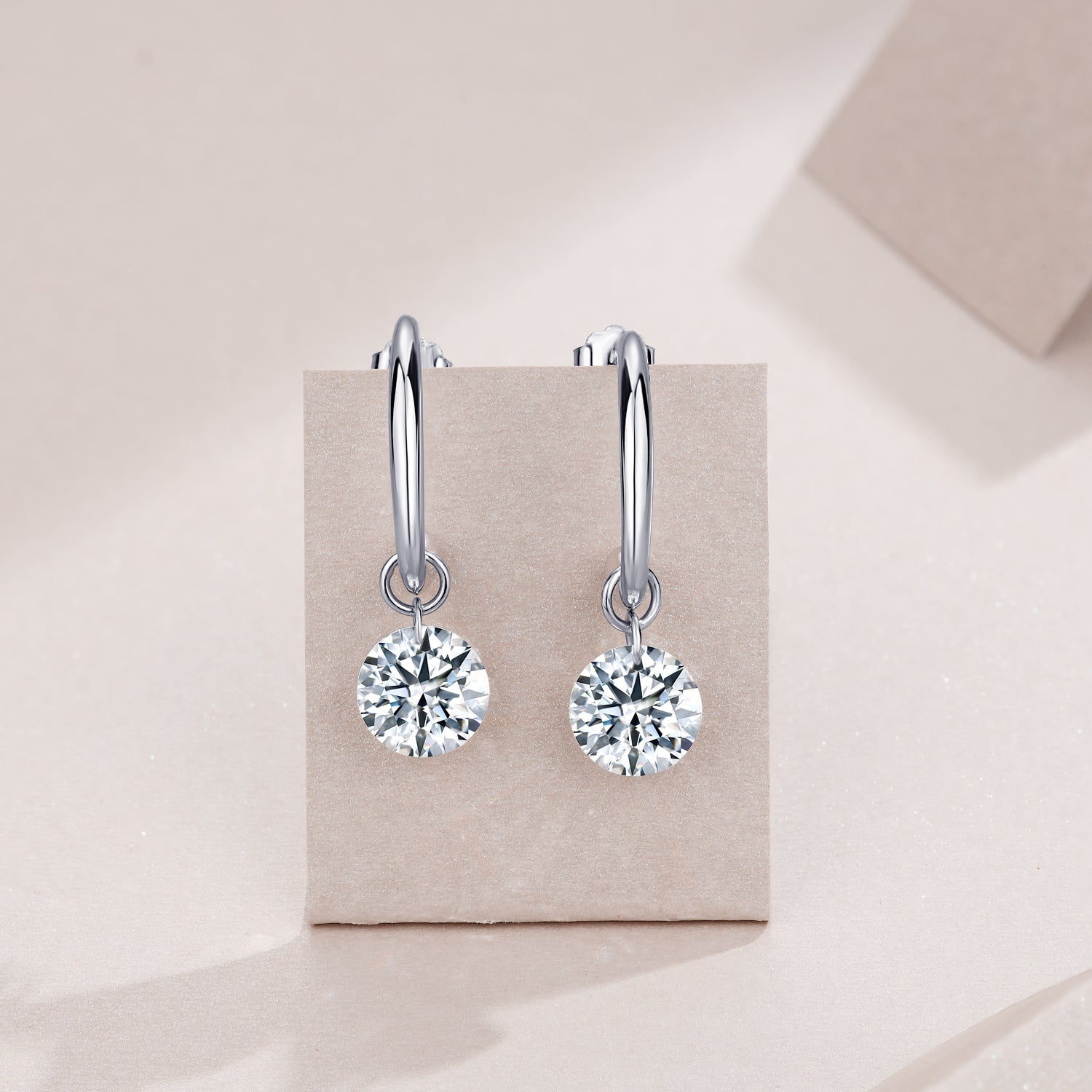 Chunky hoop earrings with round moissanite solitaire dangles, white gold vermeil
