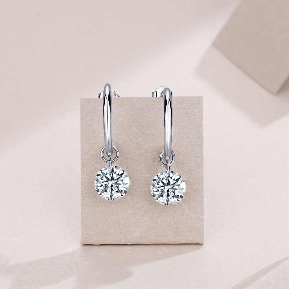 Chunky hoop earrings with round moissanite solitaire dangles, white gold vermeil
