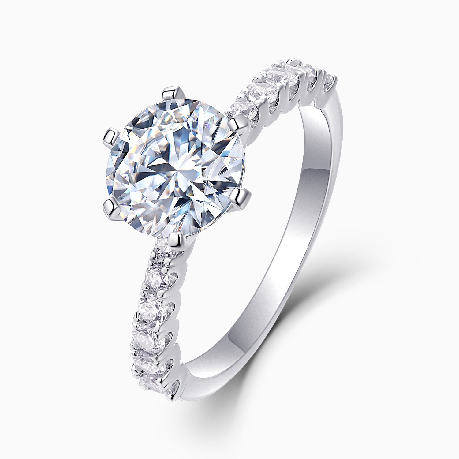 Three-quarter view: round moissanite center with pavé halo and white metal band