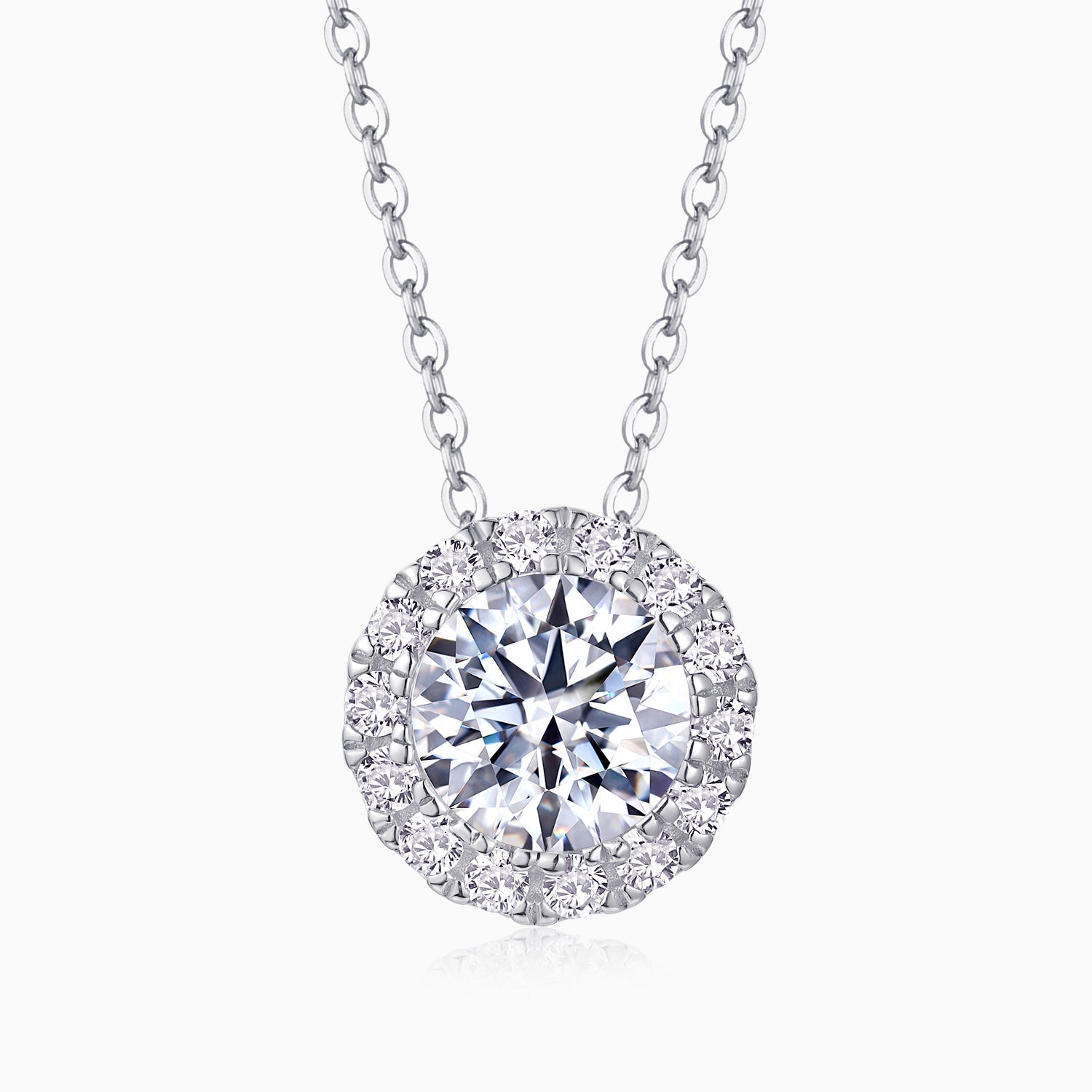 Round halo moissanite pendant necklace with large white center stone and pavé border