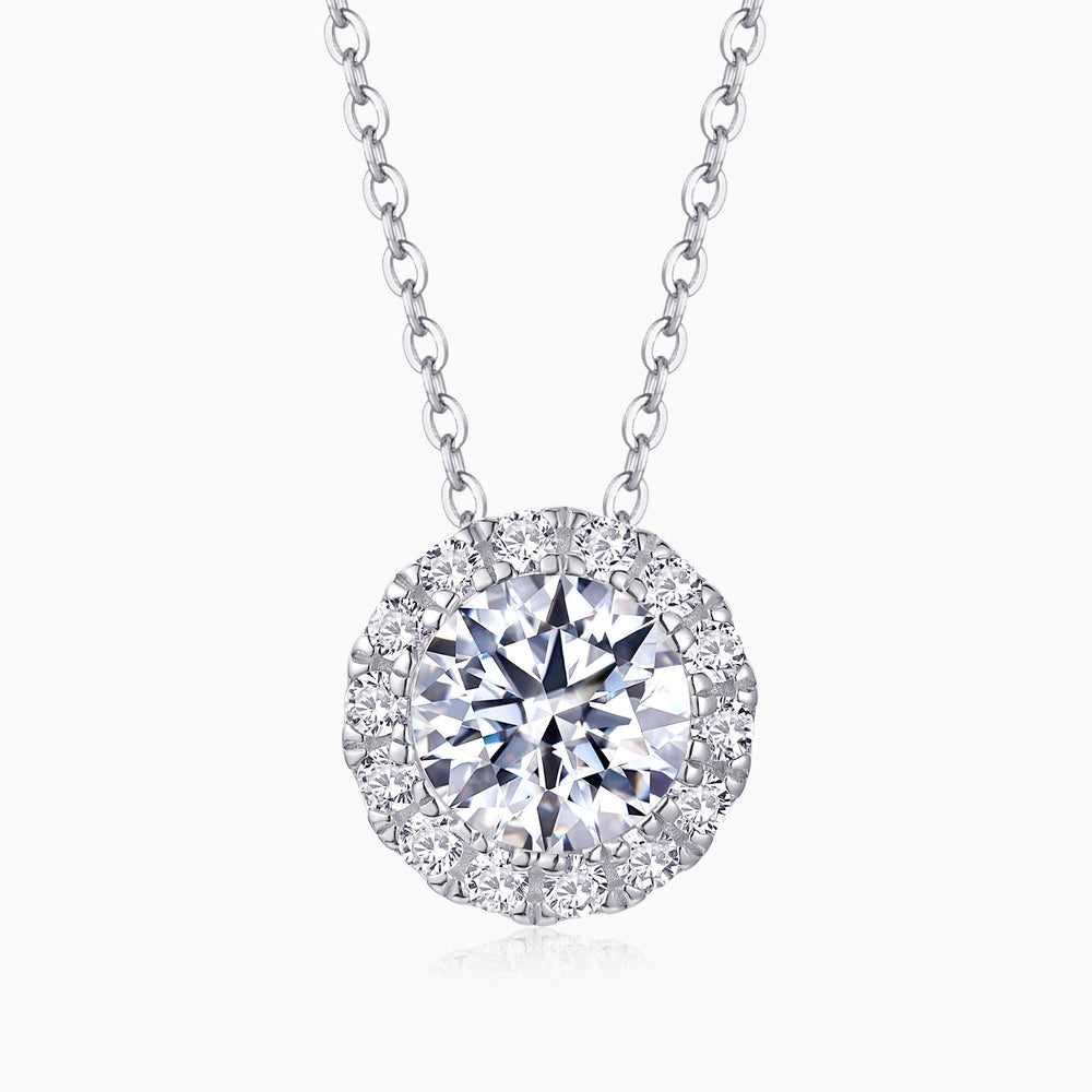 Round halo moissanite pendant necklace with large white center stone and pavé border