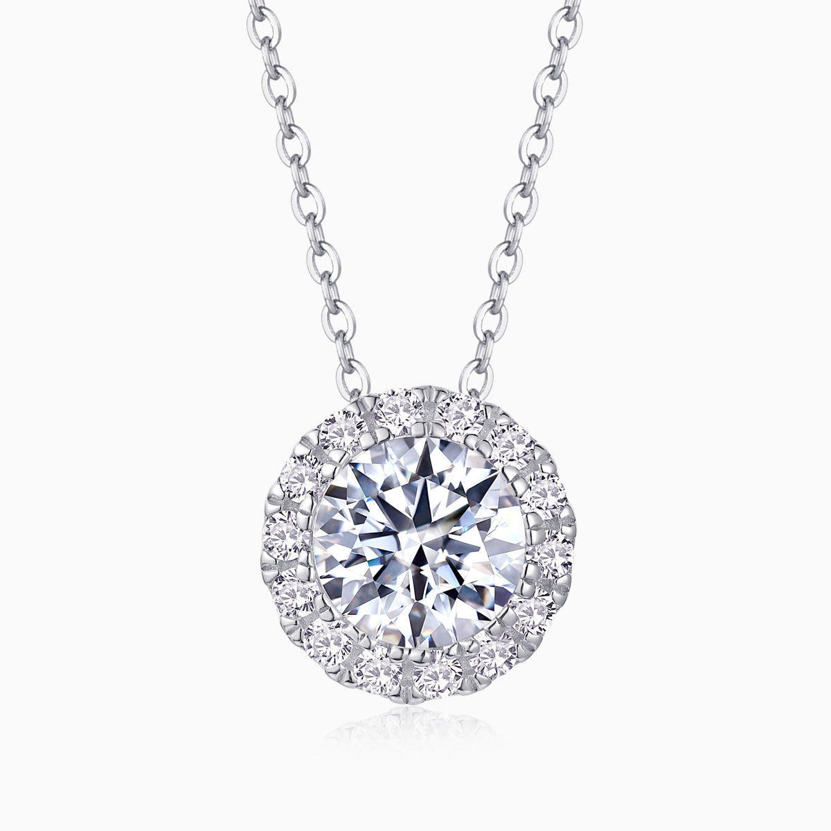 Round halo moissanite pendant necklace with large white center stone and pavé border