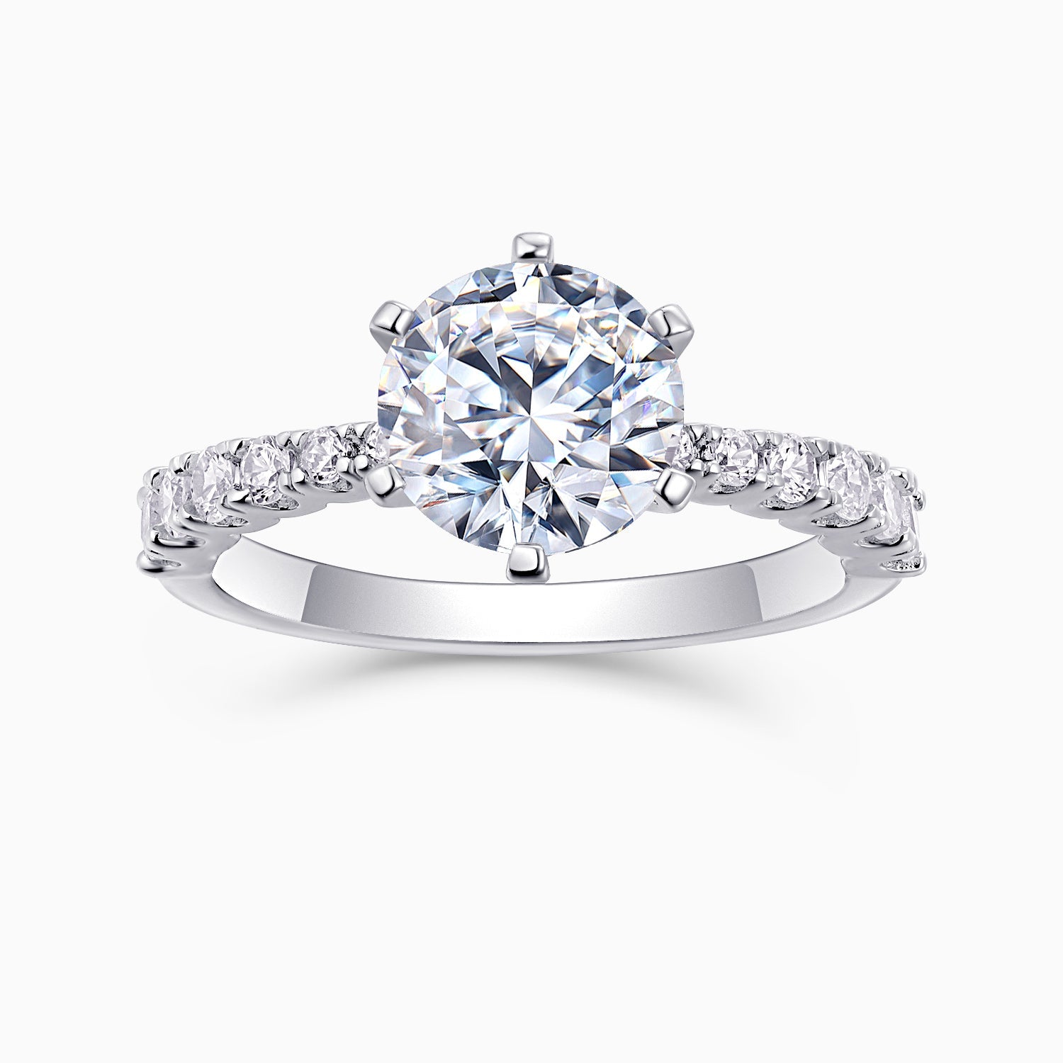 Classic round moissanite pave wedding ring, white gold vermeil, large round center stone