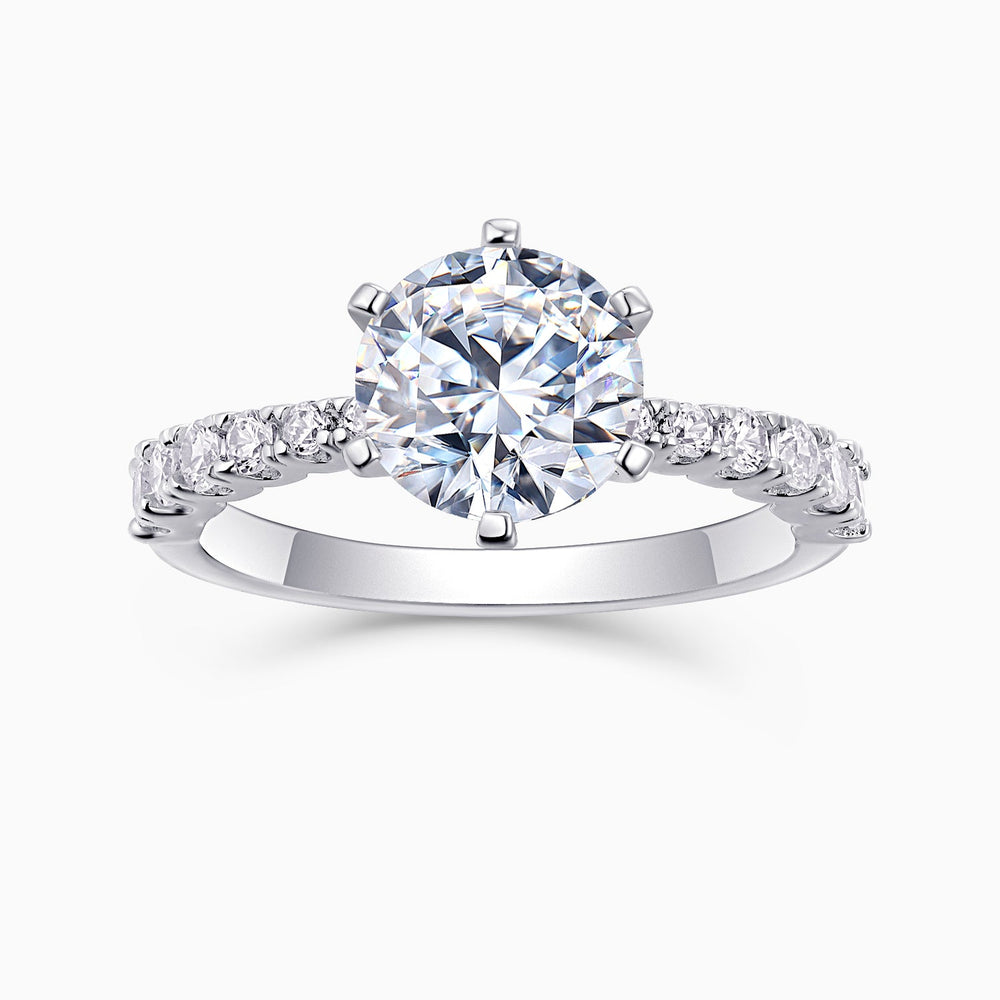 Classic round moissanite pave wedding ring, white gold vermeil, large round center stone