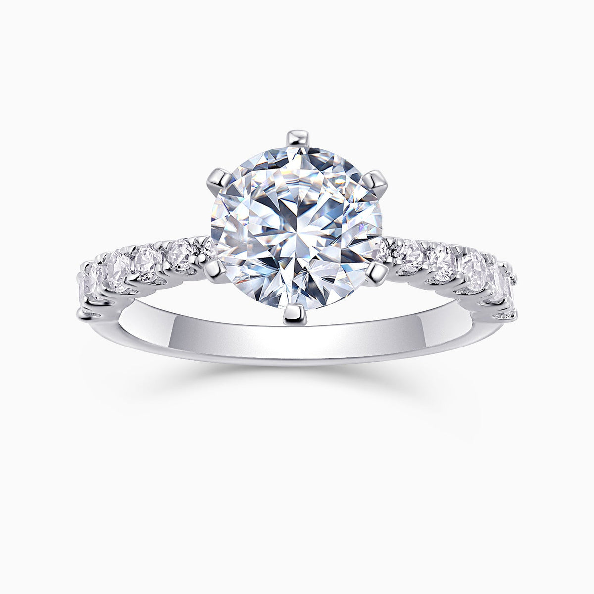 Classic round moissanite pave wedding ring, white gold vermeil, large round center stone