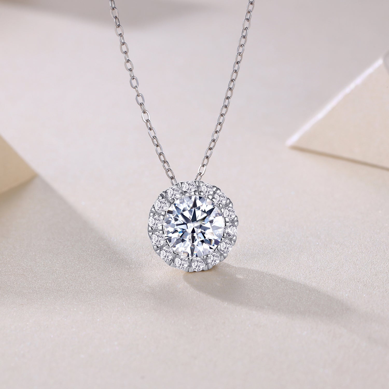 Round halo moissanite pendant necklace, round center stone surrounded by pavé setting
