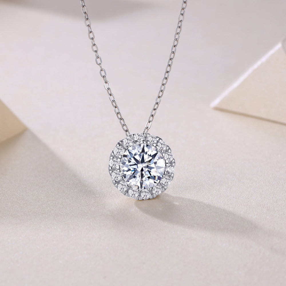 Round halo moissanite pendant necklace, round center stone surrounded by pavé setting