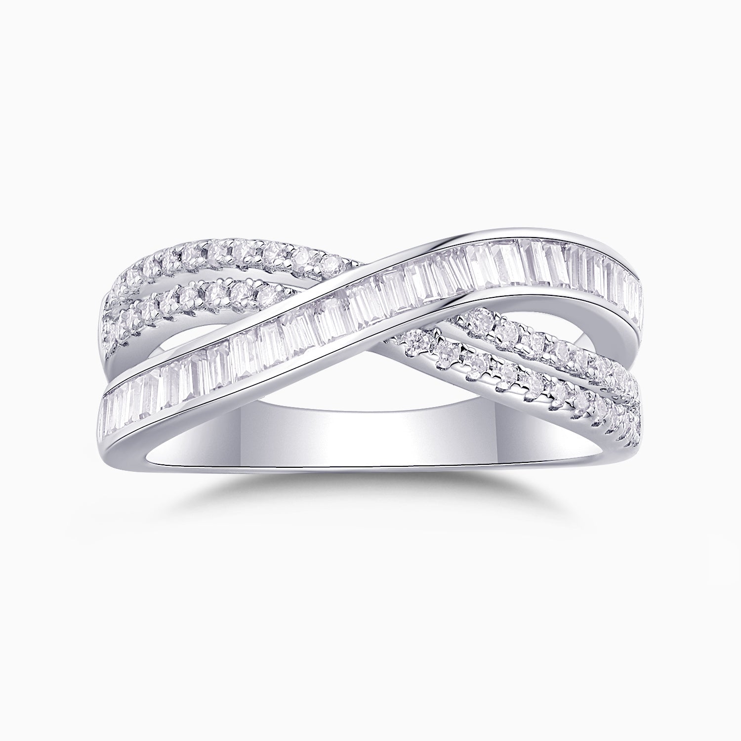 Bague croisée baguette et pavé en or blanc vermeil, pierres facettées