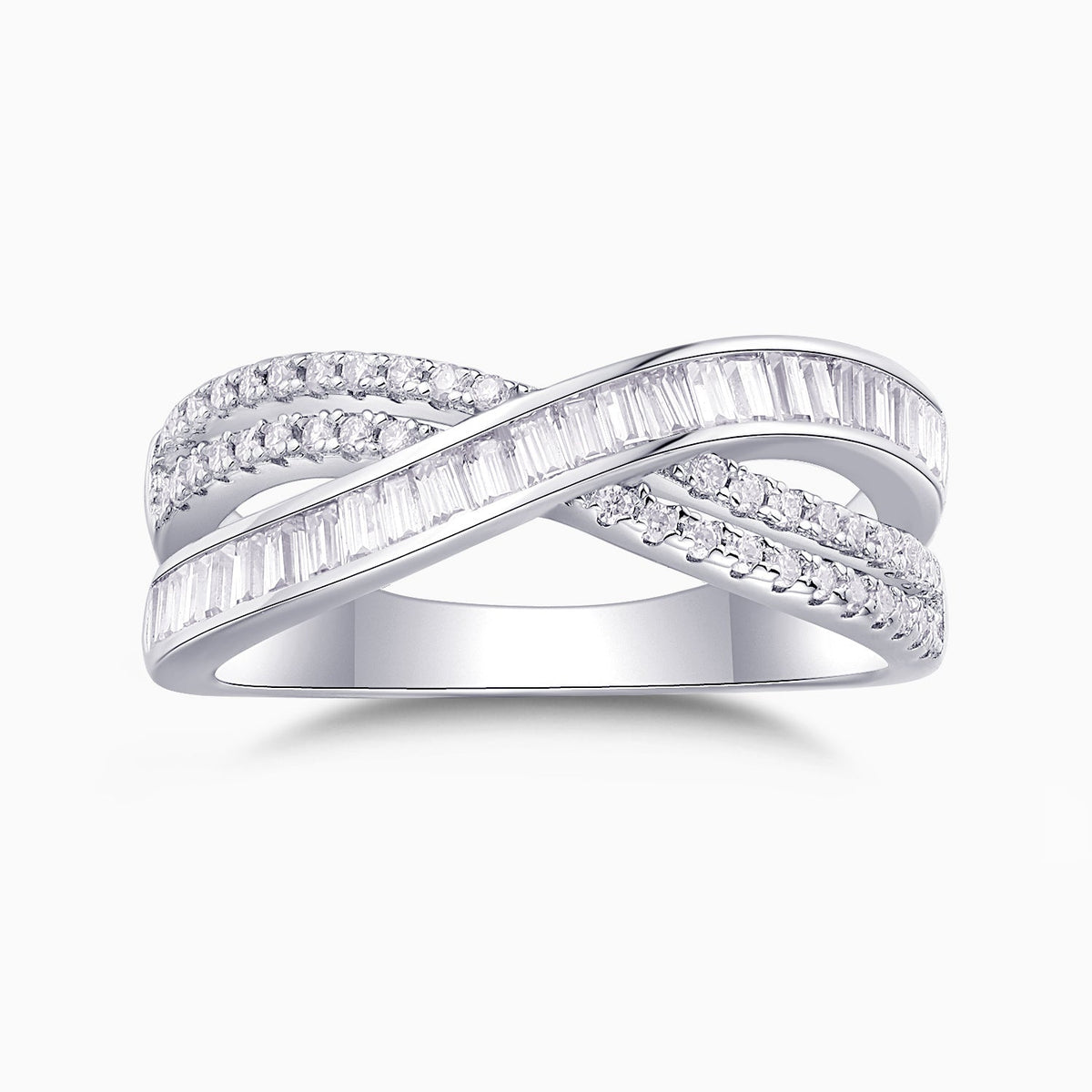 Bague croisée baguette et pavé en or blanc vermeil, pierres facettées