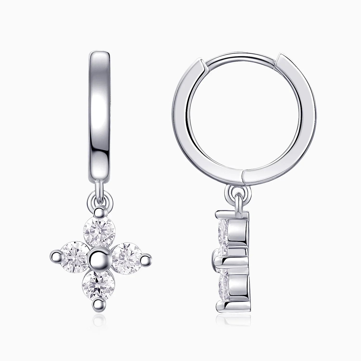 Four-petal flower moissanite drop huggie earrings, silver-tone, open side view