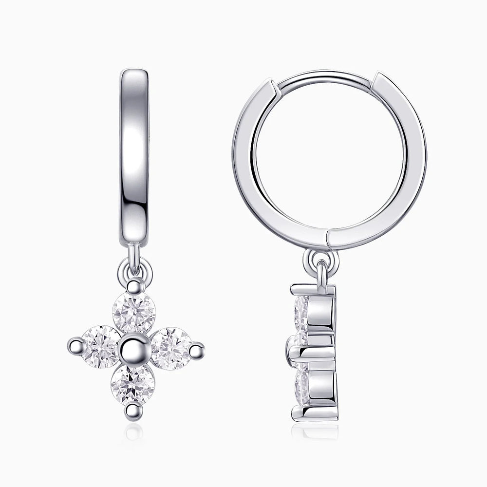 Four-petal flower moissanite drop huggie earrings, silver-tone, open side view