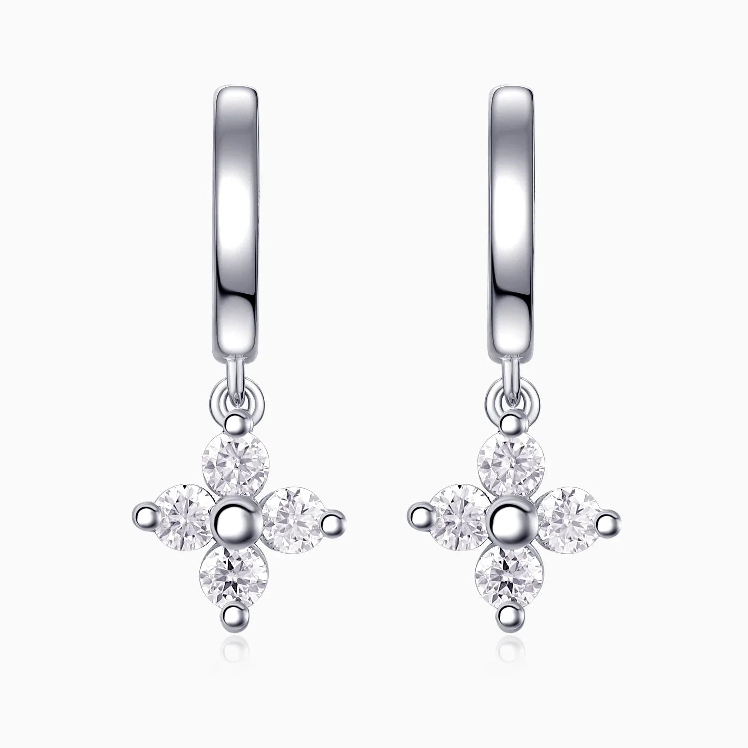 Four-petal flower moissanite drop huggie earrings, silver-tone, round stones