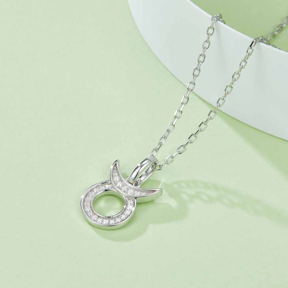 Taurus zodiac pendant necklace, oval center ring with pavé crystal halo and links