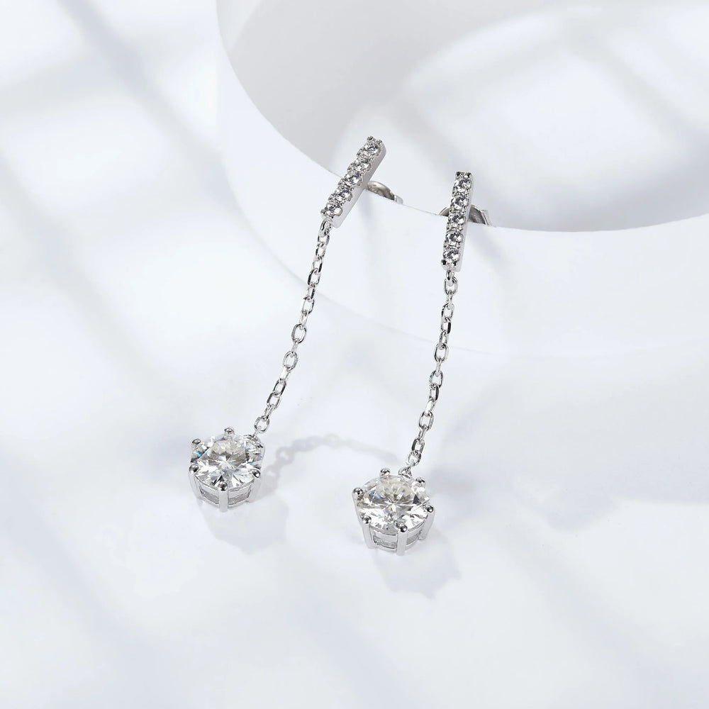 Pavé bar dangle earrings with linked chain and round moissanite stones, prong-set