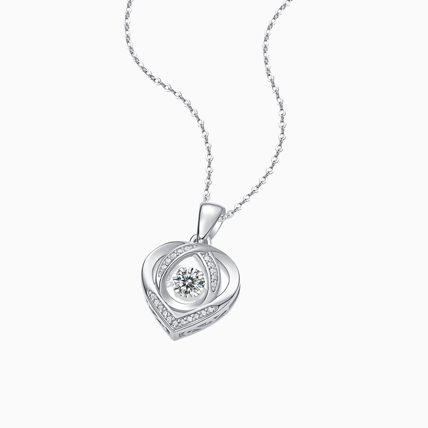 Heart frame moissanite pendant necklace with round center stone on silver-toned chain