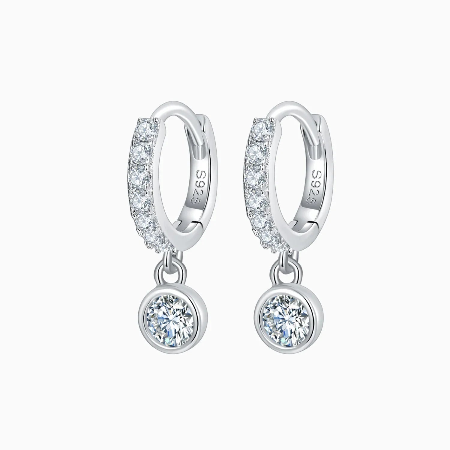 Pave huggie bezel drop earrings with round moissanite stones, white gold vermeil