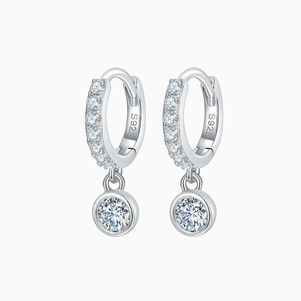 Pave huggie bezel drop earrings with round moissanite stones, white gold vermeil