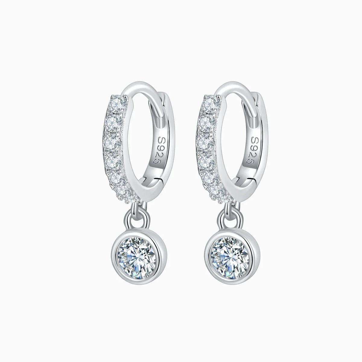 Pave huggie bezel drop earrings with round moissanite stones, white gold vermeil