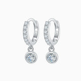 Pave huggie bezel drop earrings with round moissanite stones, white gold vermeil