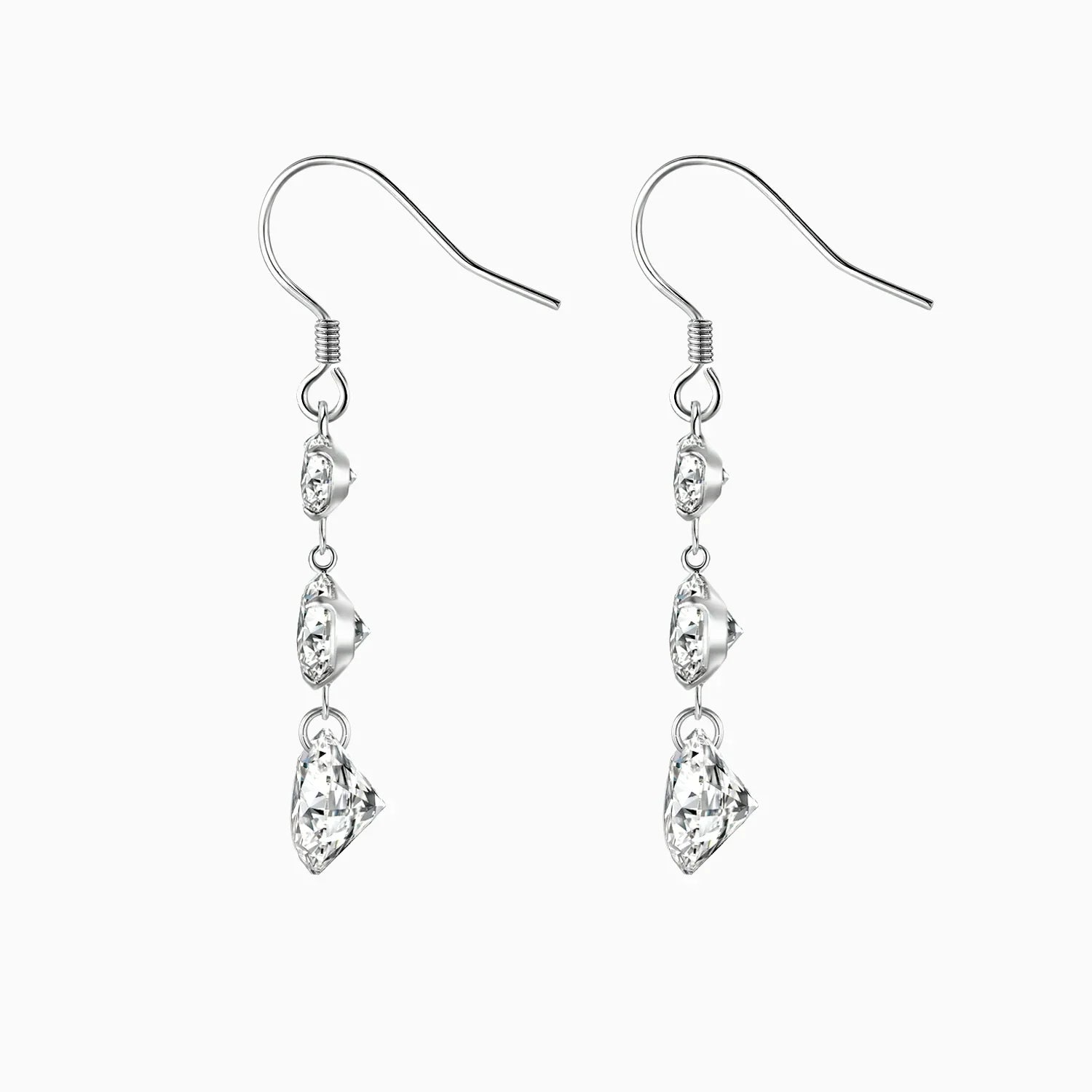 Three-stone drop earrings with top round and two elongated moissanite stones, white gold vermeil