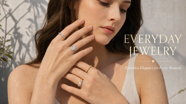 A woman wearing delicate rings on her fingers, with the text 'EVERYDAY JEWELRY' and 'Effortless Elegance for Every Moment' on the right side.
