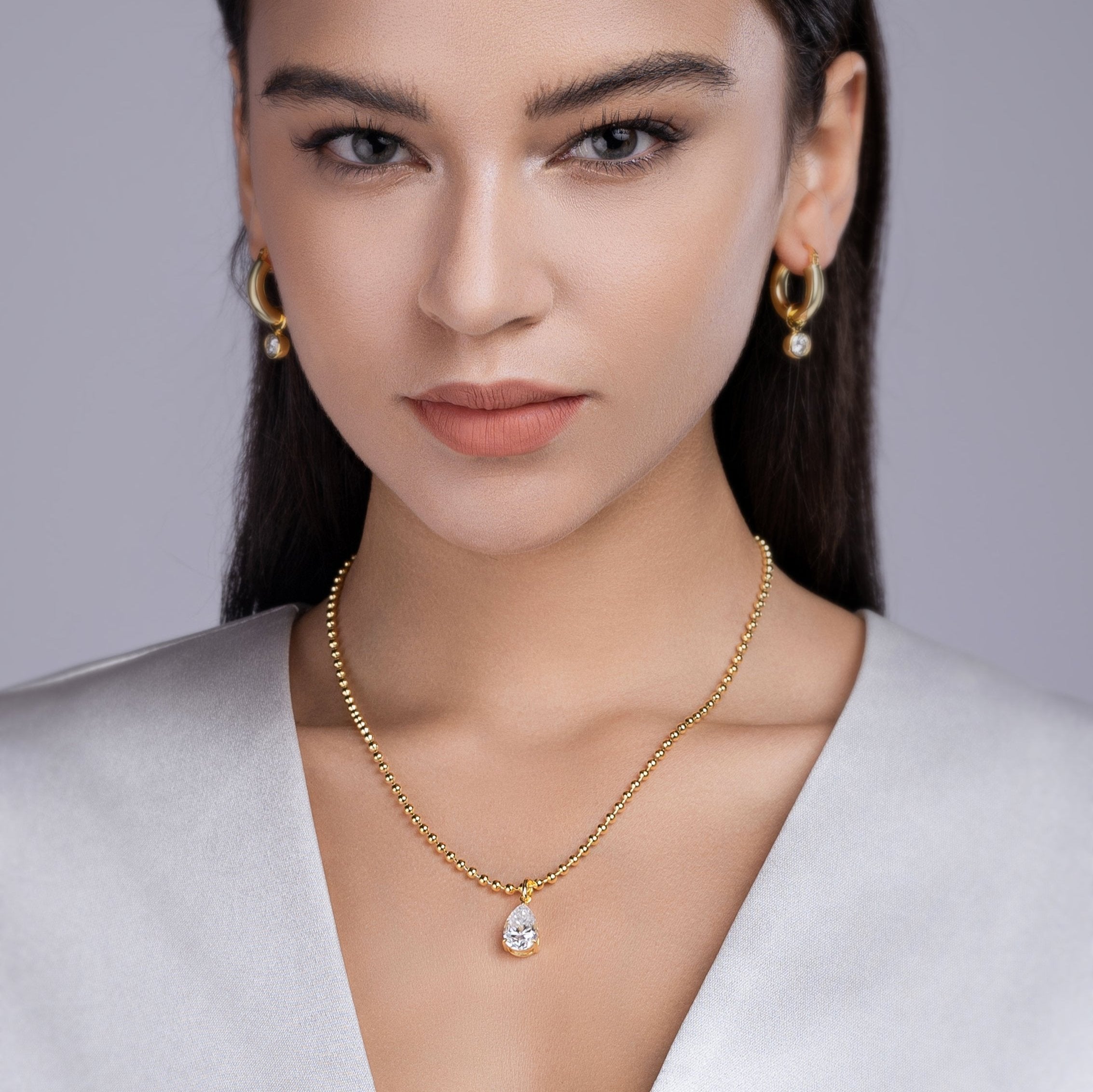 Yellow gold vermeil moissanite solitaire pendant necklace with short beaded chain