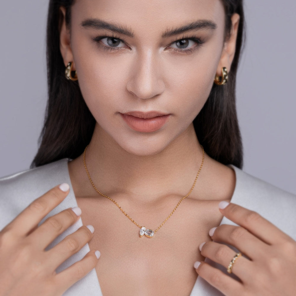 Yellow gold vermeil toi et moi necklace with marquise and emerald-cut moissanite