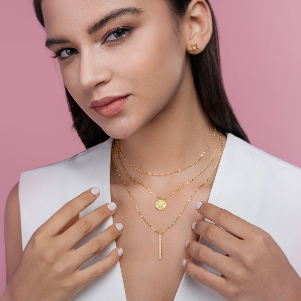 Layered necklace set with round coin pendant and long bar charm, yellow gold vermeil
