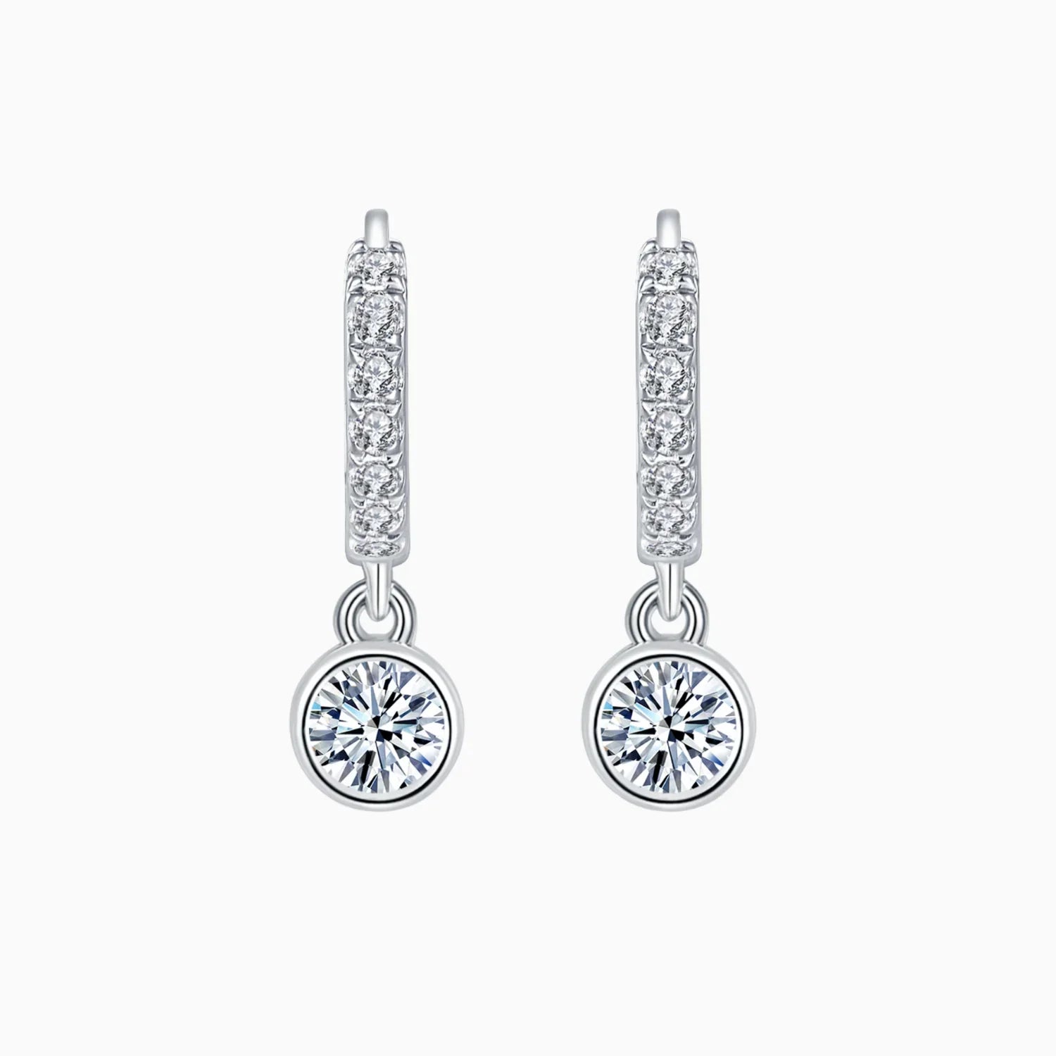 Pair of pavé huggie bezel earrings with round moissanite drop stones