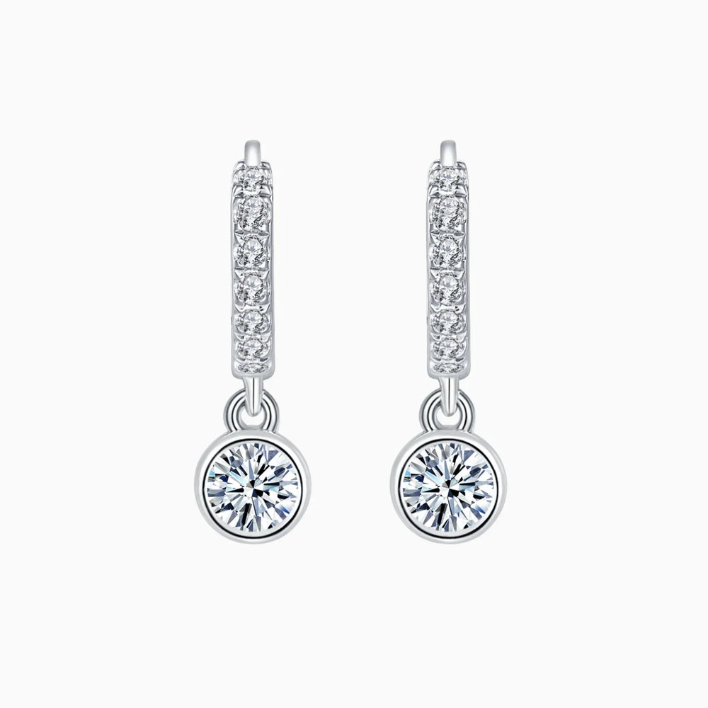 Pair of pavé huggie bezel earrings with round moissanite drop stones