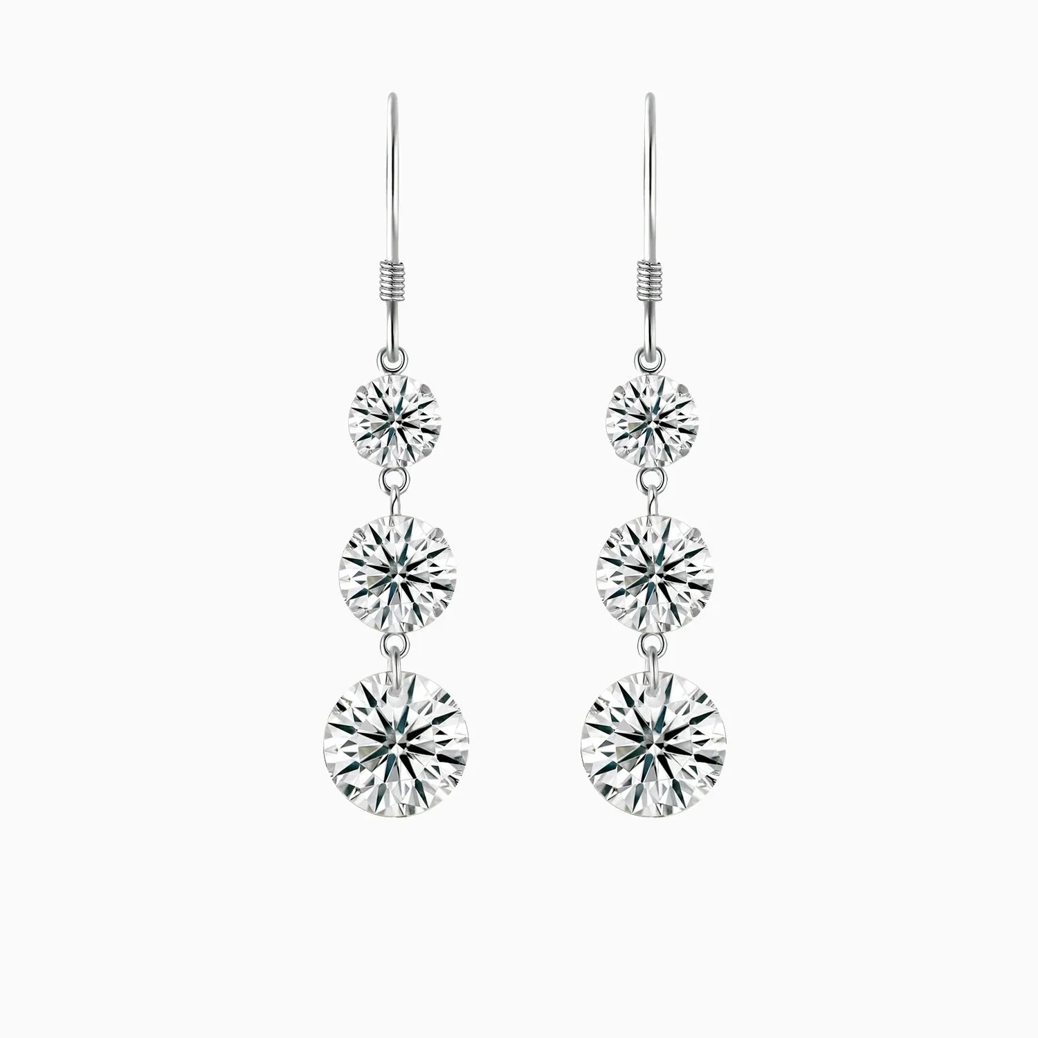 3-stone graduated cascade moissanite drop earrings with three round stones, white gold vermeil