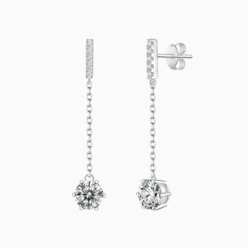 Pavé bar moissanite drop earrings, round stones on chain; white gold vermeil