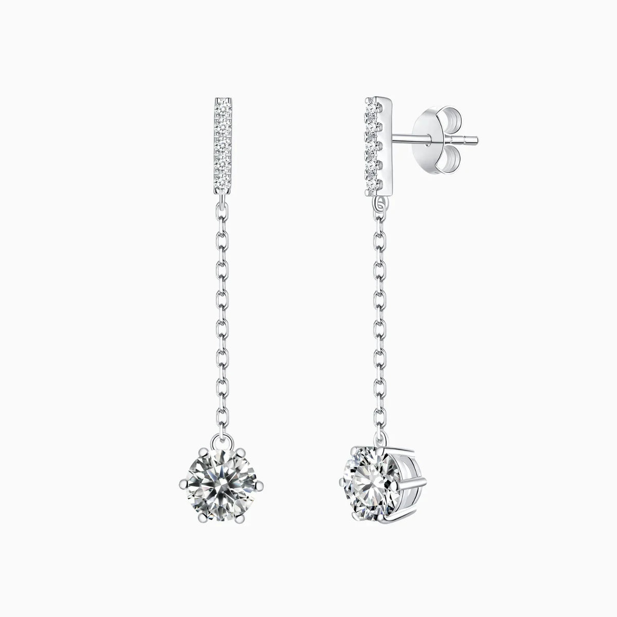 Pavé bar moissanite drop earrings, round stones on chain; white gold vermeil