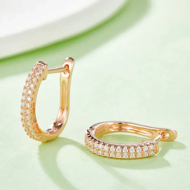 Rose gold vermeil Huggie hoops, double-row Pavé, close view of stone setting