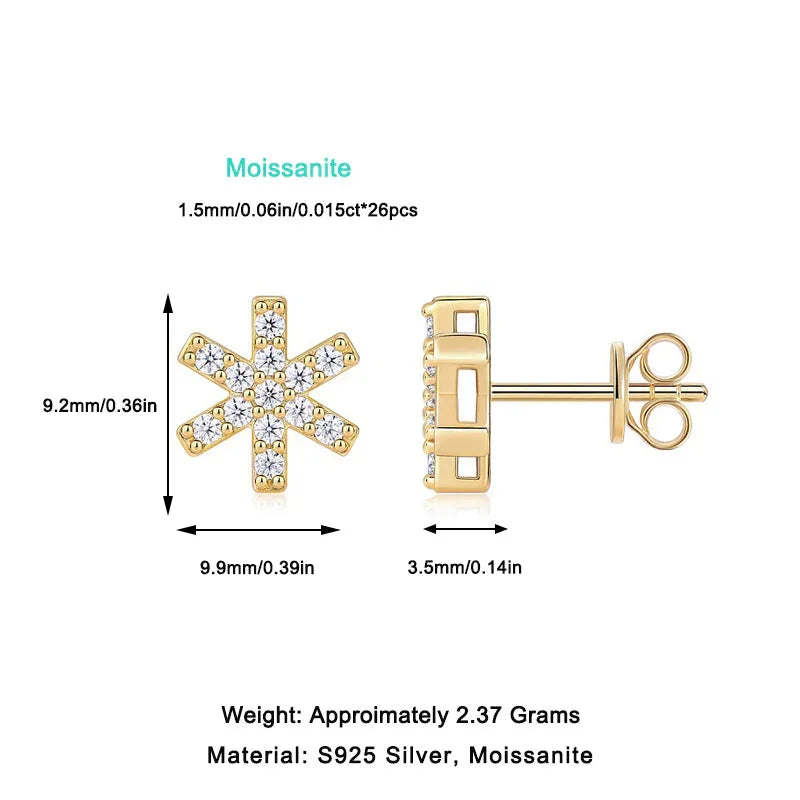 Moissanite snowflake stud specs: 1.5mm stones, 9.2mm size, ~2.37g weight
