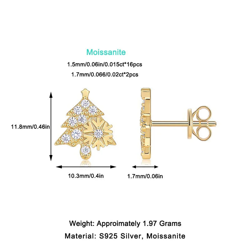 Christmas tree moissanite stud earring size and weight chart, white gold vermeil