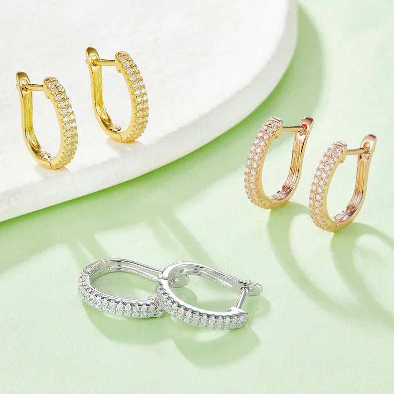 Huggie hoop earrings color mix: white, yellow, and rose gold vermeil with double Pavé