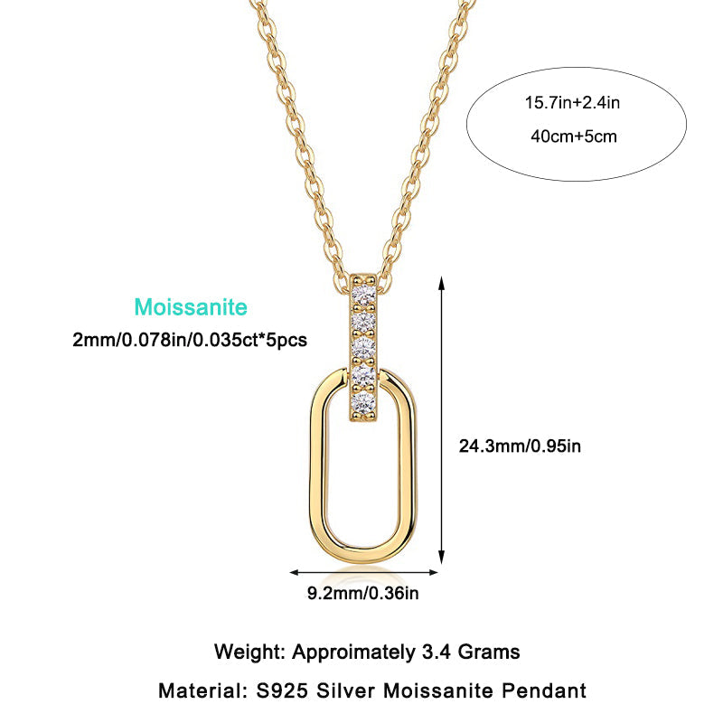 Pavé moissanite oval link pendant size 24.3mm and 9.2mm, yellow gold vermeil