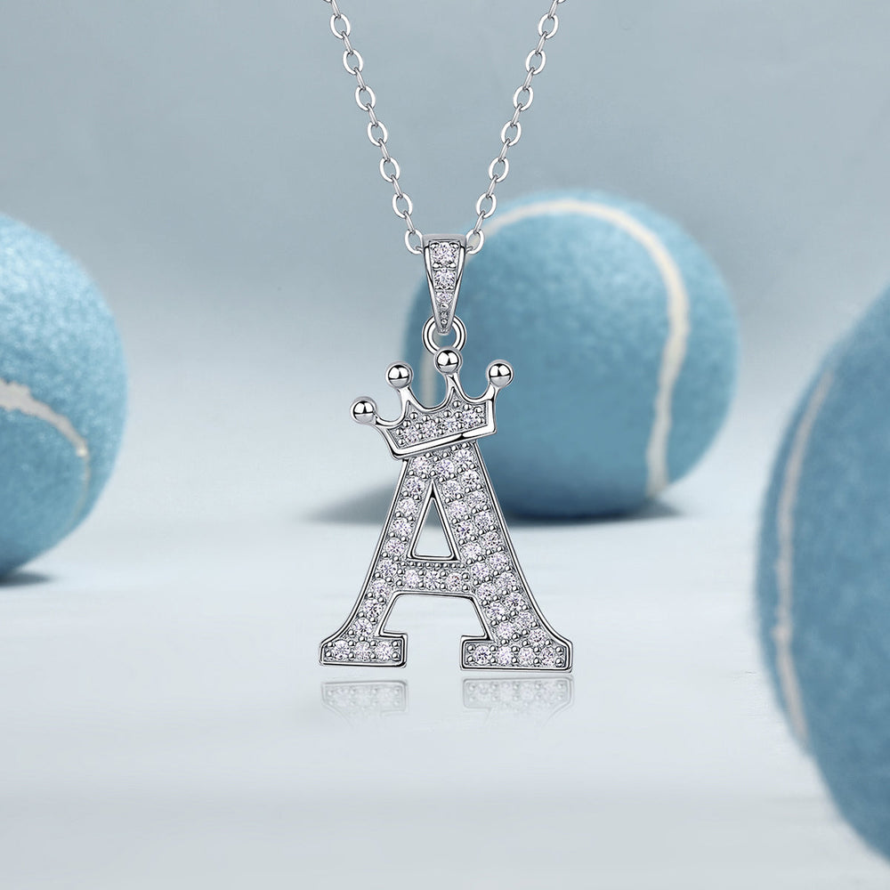 Initial pendant necklace with crown, letter A, moissanite accents, white gold vermeil chain