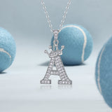 Initial pendant necklace with crown, letter A, moissanite accents, white gold vermeil chain