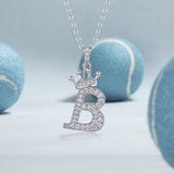 Initial pendant necklace with crown, letter B, moissanite pave, white gold vermeil chain