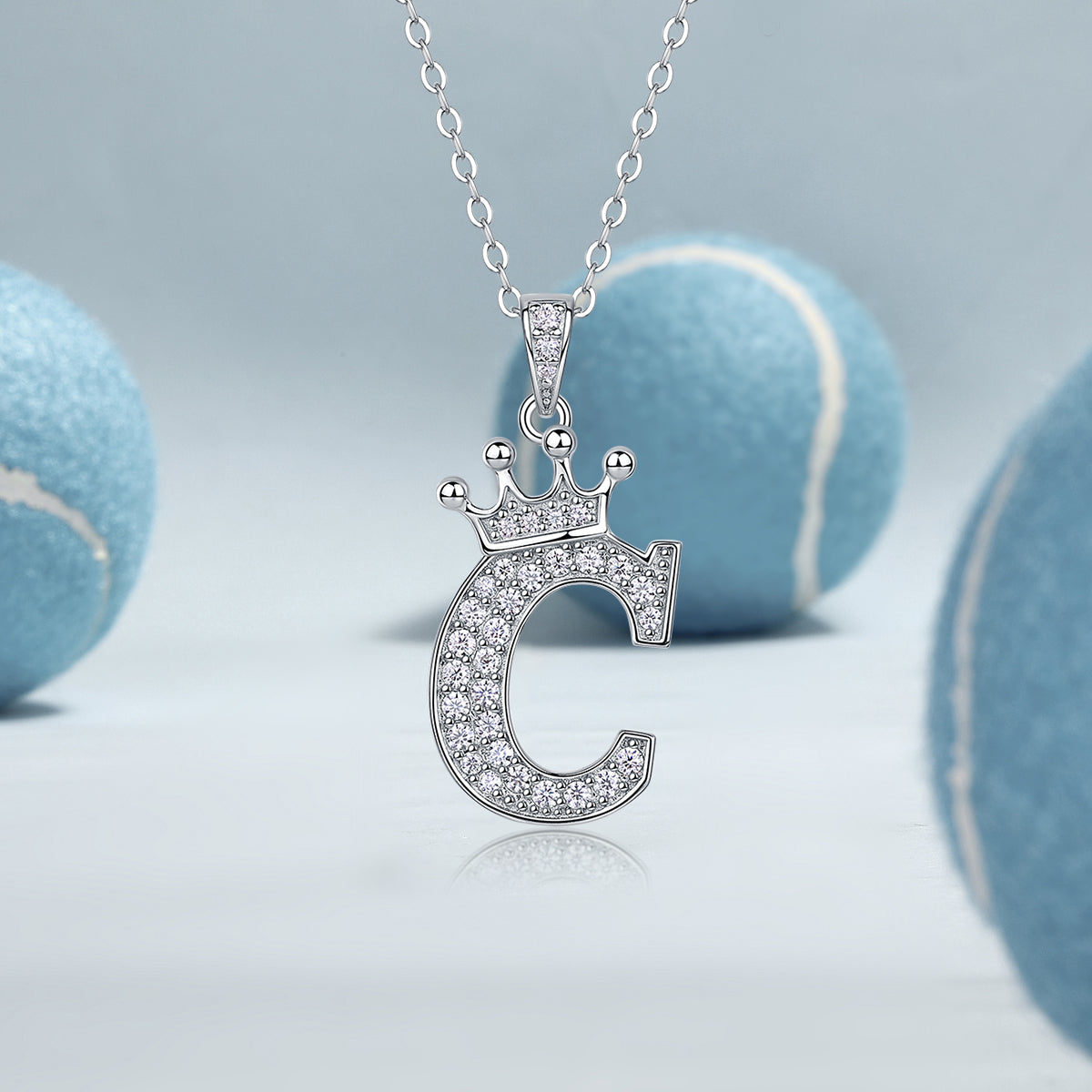 Initial pendant necklace with crown, letter C, moissanite pave, white gold vermeil chain