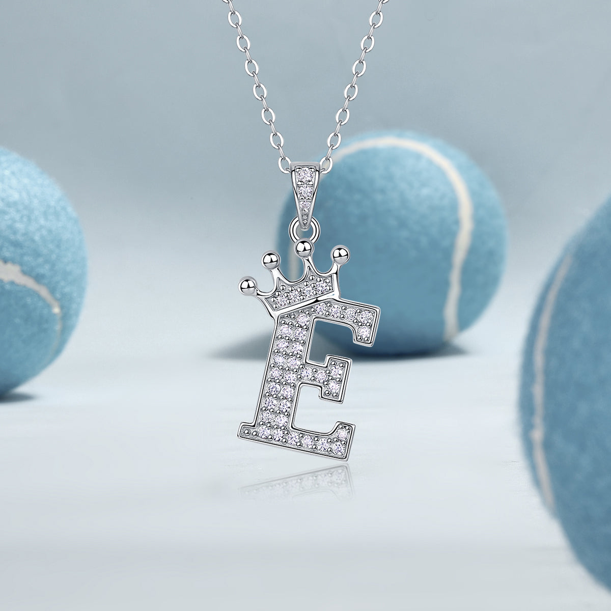 Initial pendant necklace with crown, letter E, moissanite pave, white gold vermeil chain