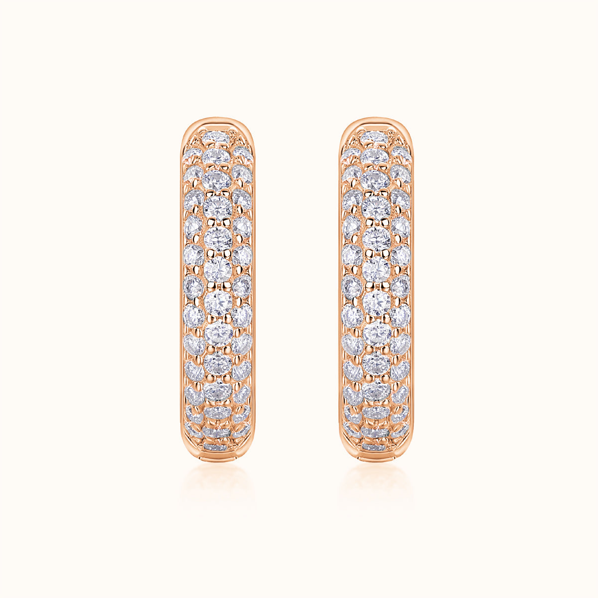 Rose gold vermeil triple pavé moissanite huggie hoops, pair view