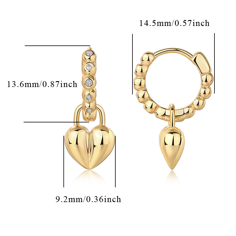 Size diagram: yellow gold vermeil beaded huggie with heart charm, 13.6mm