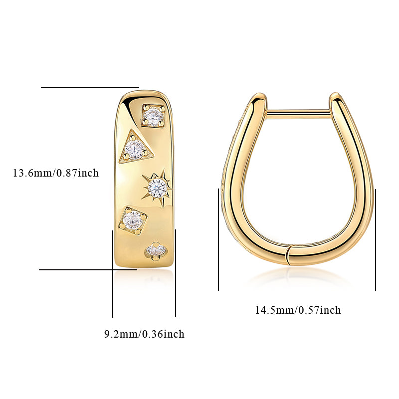 Size diagram: yellow gold vermeil huggie earrings, 13.6mm x 14.5mm x 9.2mm