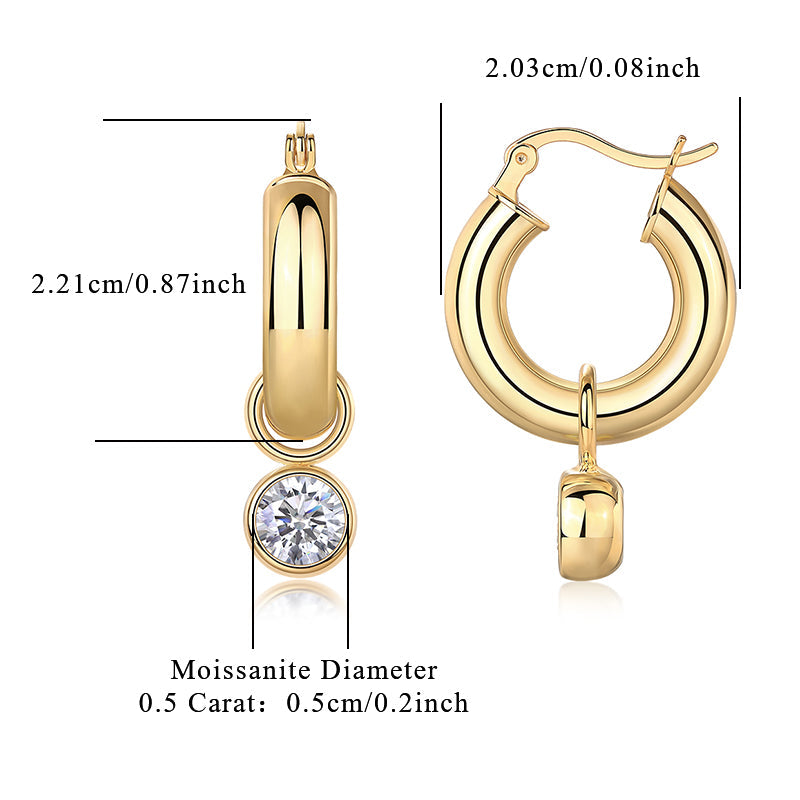 Dimensions 2.21 cm and 2.03 cm; yellow gold vermeil hoops with moissanite drops