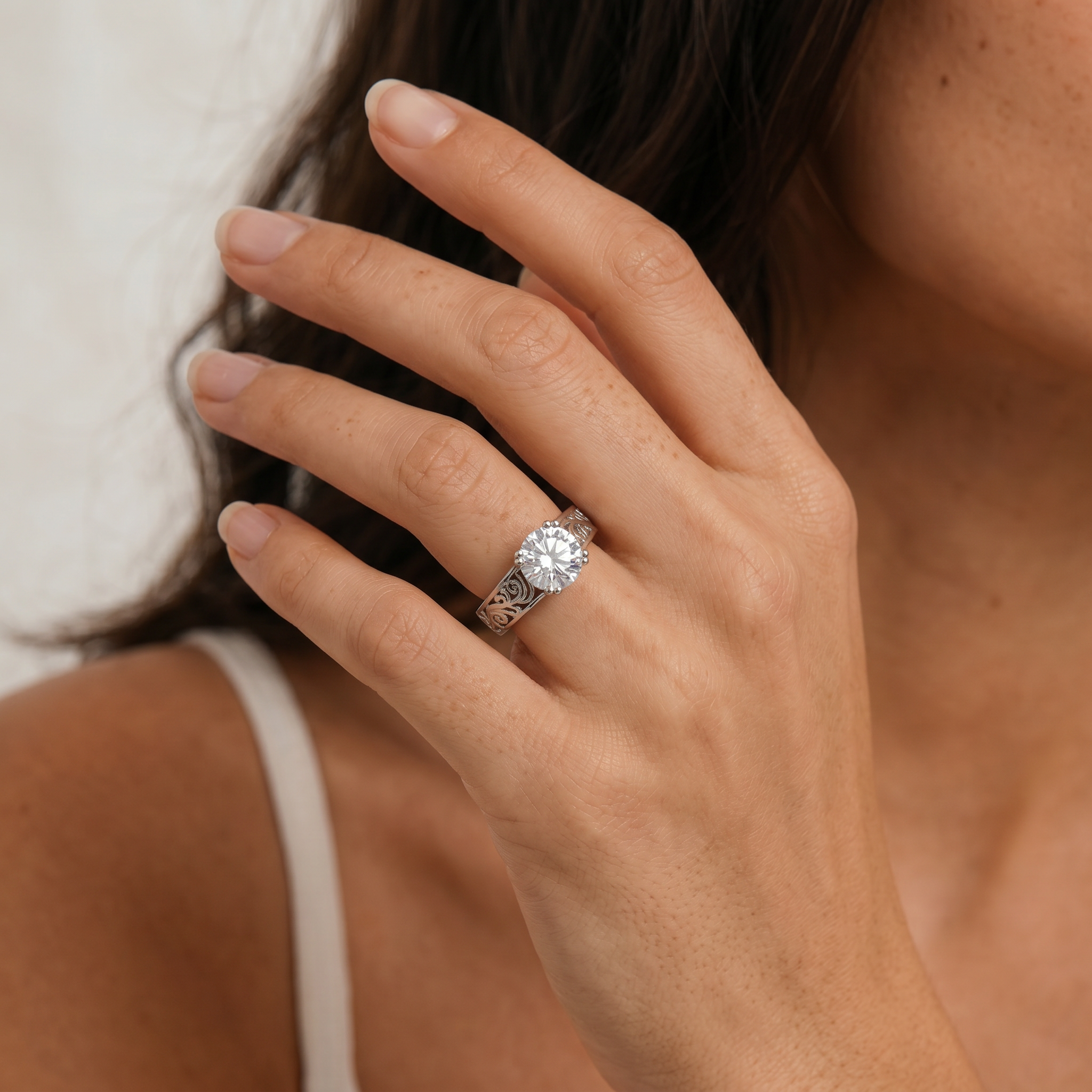 Round Moissanite Vintage Filigree Solitaire Ring
